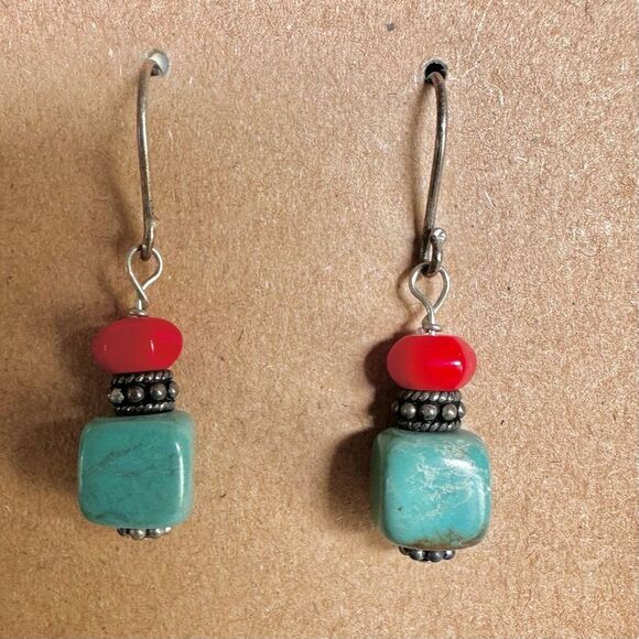 Sterling Silver Turquoise & Coral Dangle Earrings - Picture 2 of 8